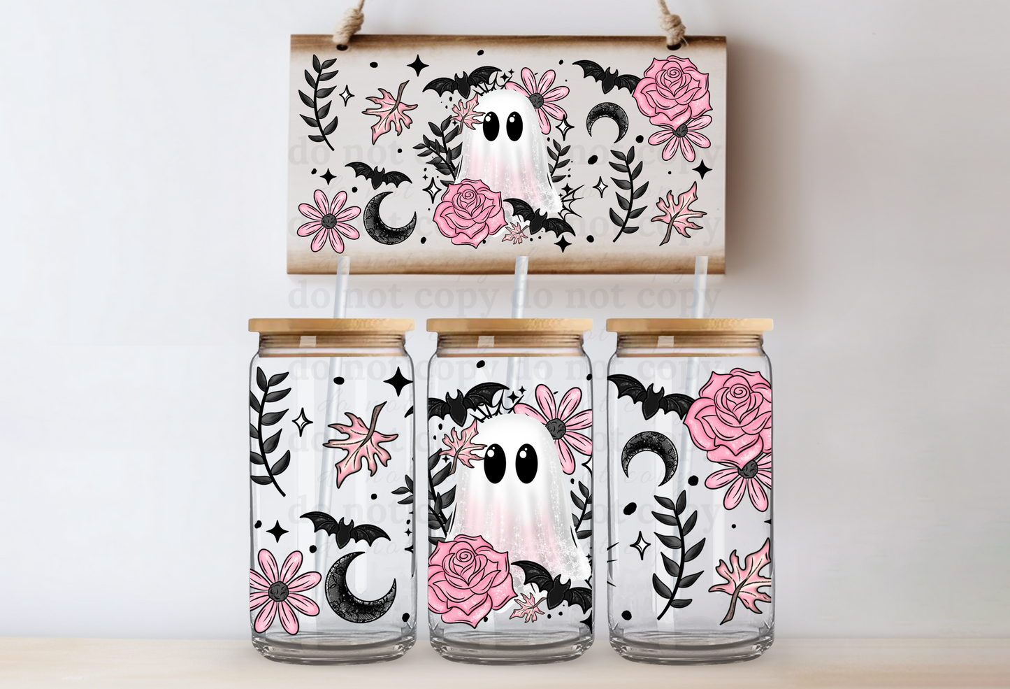 Pink floral ghost - 16oz cup w/lid