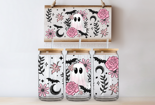 Pink floral ghost - 16oz cup w/lid
